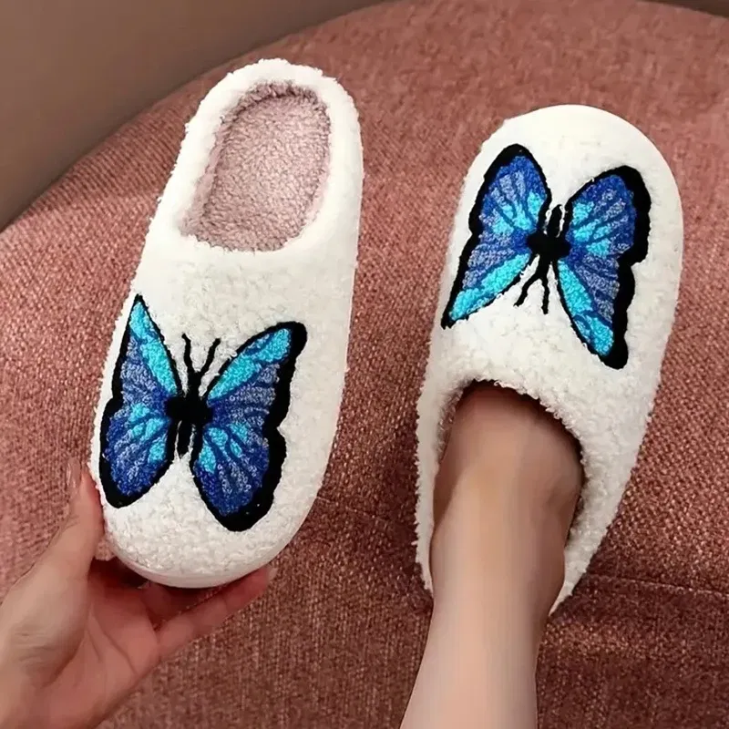 Color: Blue, Shoe Size: 40-41 - Lucyever Butterfly Embroidery Plush Woman Slippers Non Slip Soft Home Slides Shoes Women Winter Comfy Warm Cotton Shoes Female