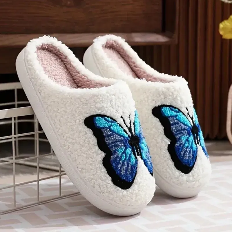 Color: Blue, Shoe Size: 40-41 - Lucyever Butterfly Embroidery Plush Woman Slippers Non Slip Soft Home Slides Shoes Women Winter Comfy Warm Cotton Shoes Female