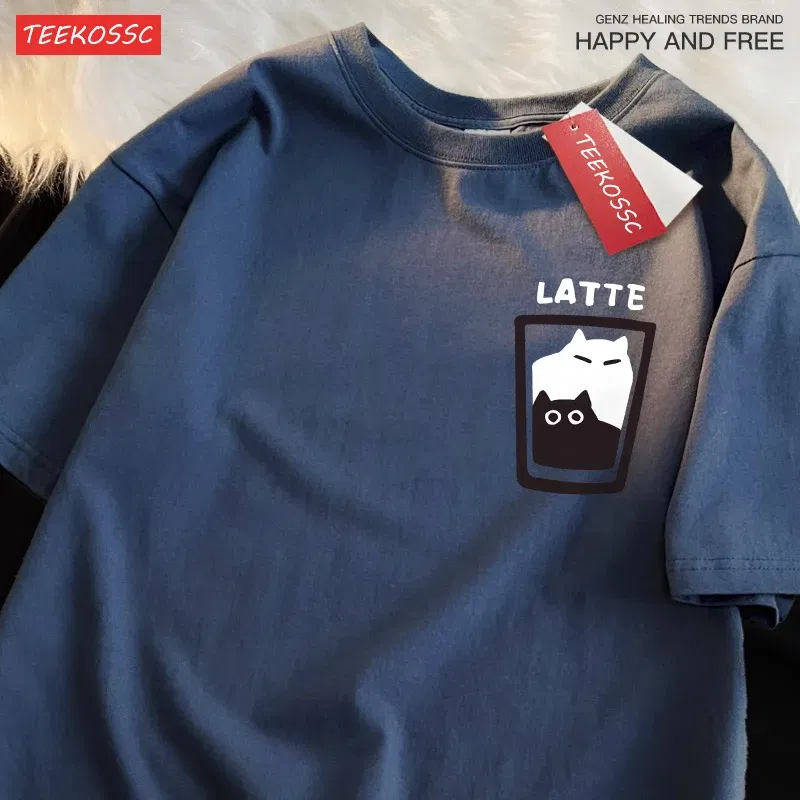 Color: WHITE, Size: XXXL - Mocha Latte Couple Outfit Cat Coffee Couple Male T-Shirts Graphic Cool Tee Shirt High-Quality Oversized Tshirt Comfort Soft