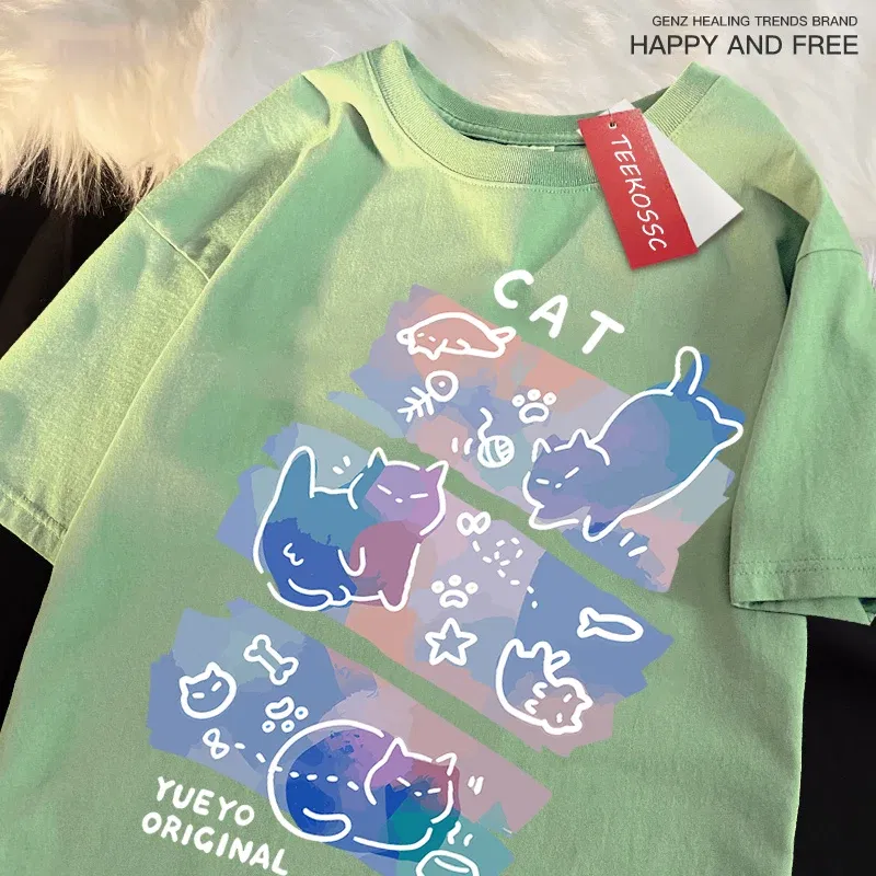 Color: Pink, Size: L - Fun Mischievous Cat Print Japanese Style T-Shirts Men Women Fashion Tshirs Breathable Summer T-Shirts Cotton Loose Tee Clothes