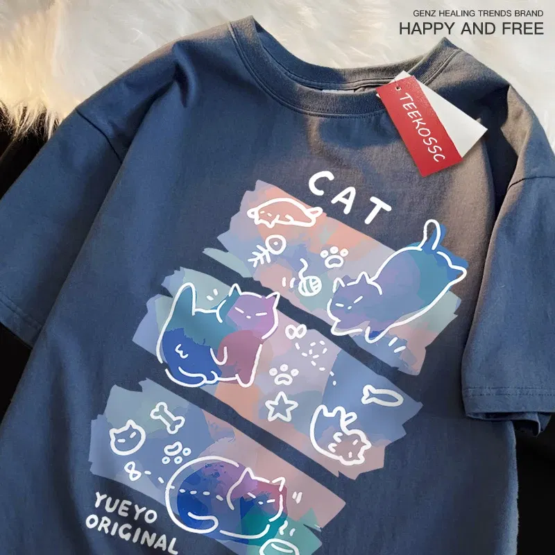 Color: Pink, Size: L - Fun Mischievous Cat Print Japanese Style T-Shirts Men Women Fashion Tshirs Breathable Summer T-Shirts Cotton Loose Tee Clothes