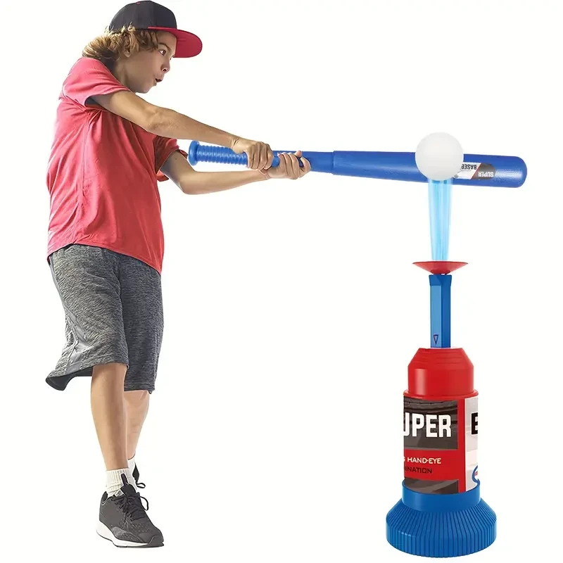 Kids Baseball Set, 1 Adjustable Bat & 1 Ball Launcher with 3 Balls, Indoor/Outdoor Family Travel Game, Perfect for Thanksgiving/Christmas Gift, Blue, PP Material