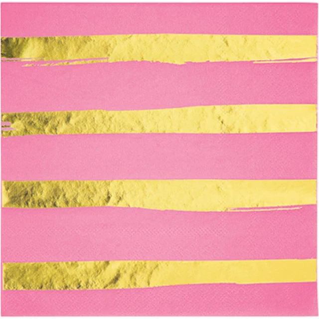 Touch Of Colour Candy Pink & Gold Foil Striped Lunch Napkins  (Pack of 16)