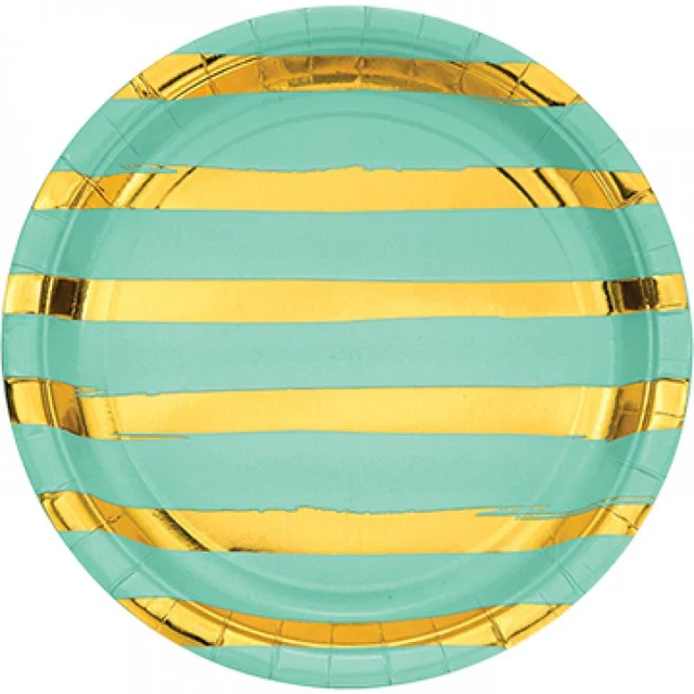 Touch Of Colour Fresh Mint & Gold Foil Striped Dinner Plates Paper  (Pack of 8)