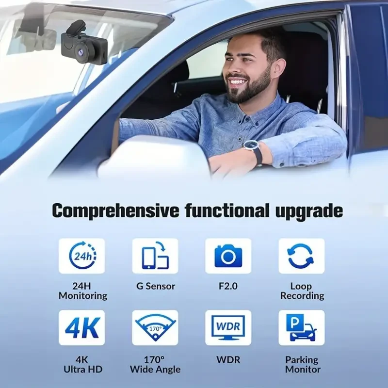 4K UHD Dash Camera for Cars with Front and Rear View, Night Vision, and Free 32GB SD Card