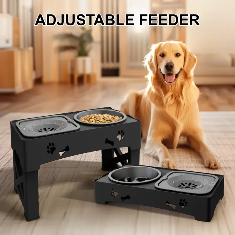 Elevated Dog Feeder Set with Slow Feed Bowl - 5 Heights Adjustable, Non-Slip Stand for Neck Protection, No Spill Water & Food Bowls for Small to Large Dogs and Cats