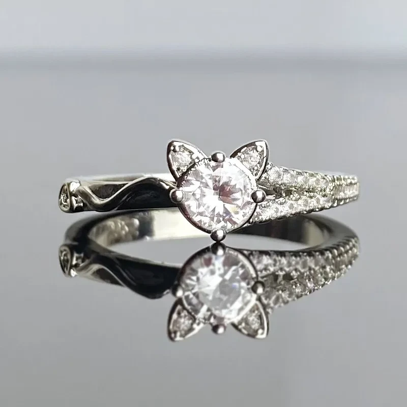 Sterling Silver Cat Ears Ring with Simulated Diamond  Cute and Elegant Fashion Jewelry