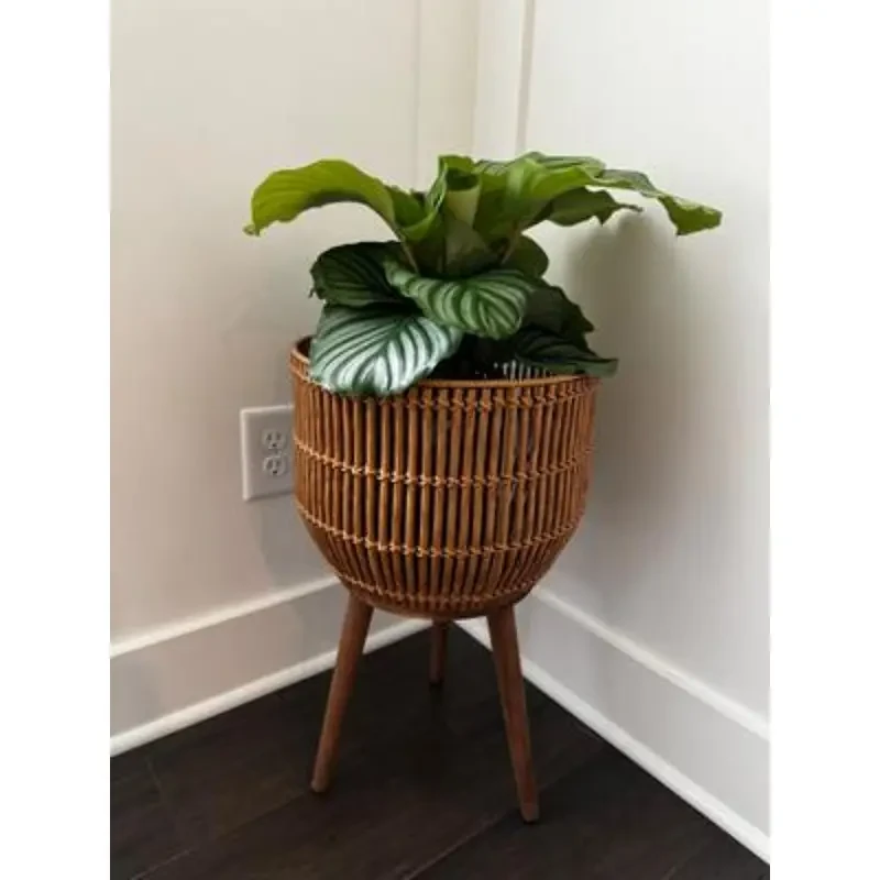Brown resin flower pot: 13-inch round design, wooden leg stand, 21.65 inches high, new favorite for home decoration
