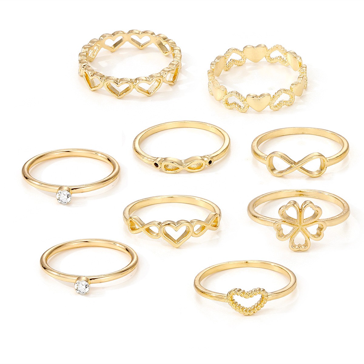 Gold Color Heart Rings 9pcs Sets For Women