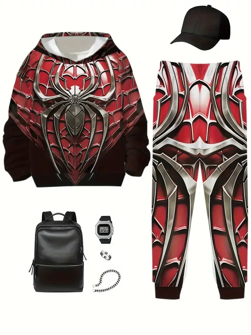 Boys' 3D Geometric Print Hoodie & Sweatpants Set - Cozy, Stretchy Polyester Blend for Fall/Winter - Machine Washable, Perfect for Outdoor