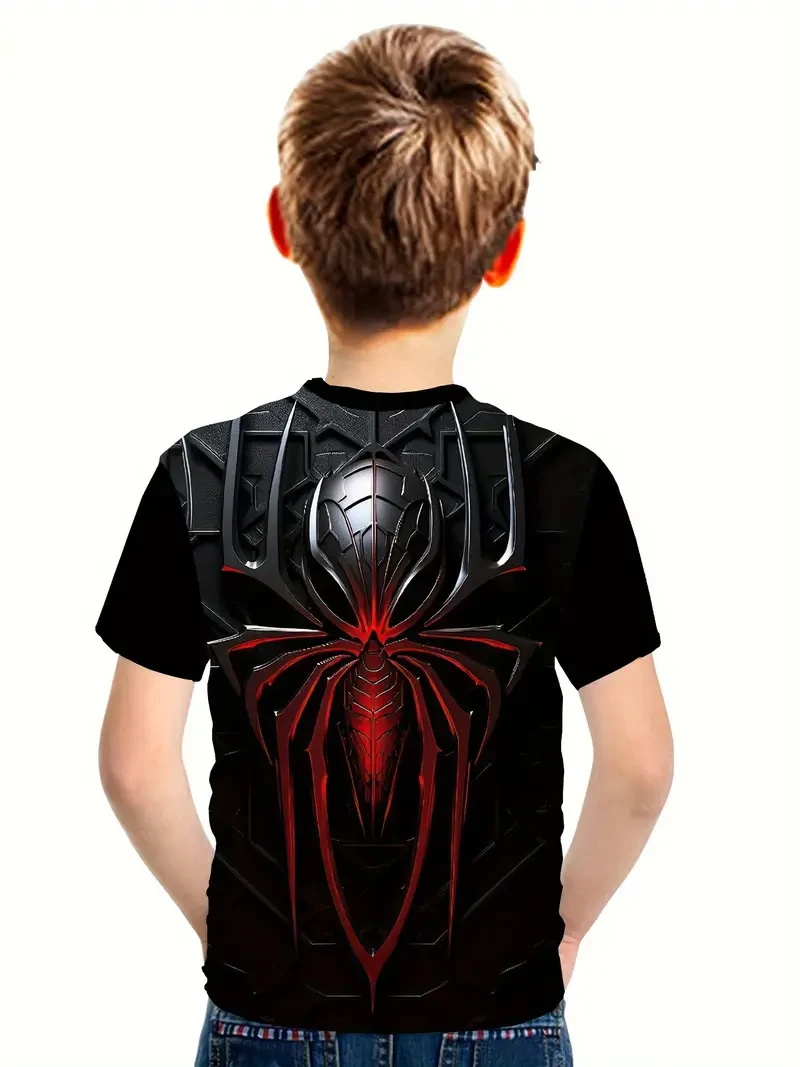 Gradient Color Metal Spider Pattern Print Boy's Short Sleeve Crew Neck T-shirts, Summer Cozy Tops For Outdoor Casual Activities