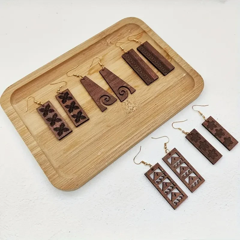 Vintage-Inspired Wooden Dangle Earrings Set