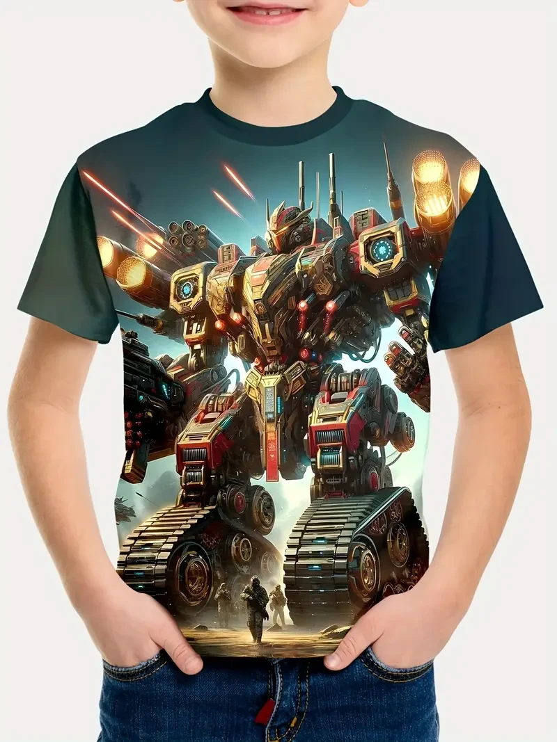Boy's Cool transformers Mecha 3D Print Short Sleeve T-shirt - Active And Stretchy For Kids Summer Outdoor Summer top