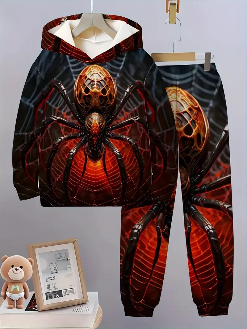 Boys' Geometric Spider Print Hoodie And Pants Set, Casual Polyester Knit Sweatshirt with Elastic Waist, Long Sleeve, Loose Fit, Outdoor Sports Running, Party Wear, Spring/Autumn Collection, For Outdoor