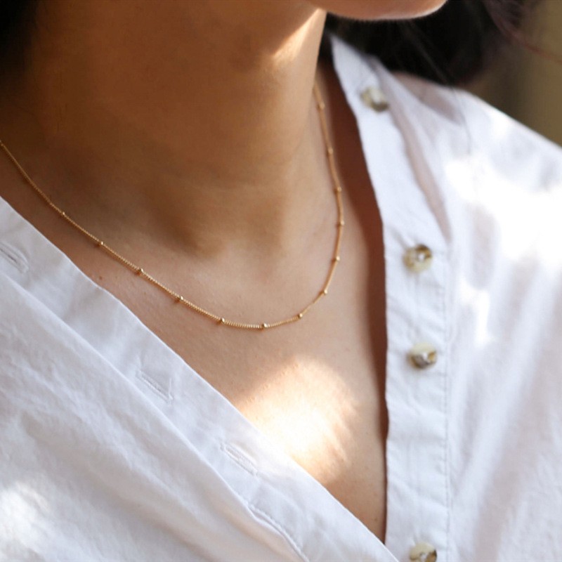 Sparkling Trendy Gold Thin Choker Bead Chain Necklace