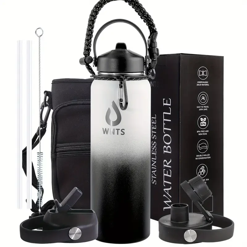 Insulated Stainless Steel Water Bottle with Straw and Brush - 40oz/60oz, Double Wall, 2 Lids, with Carrying Pouch and Loop