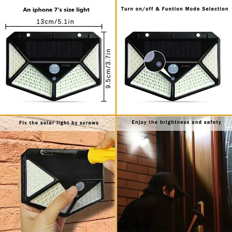 2pcs 100 LED Solar Power Wall Lights - PIR Motion Sensor Outdoor Lamp