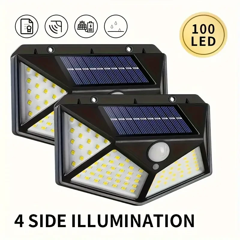 2pcs 100 LED Solar Power Wall Lights - PIR Motion Sensor Outdoor Lamp