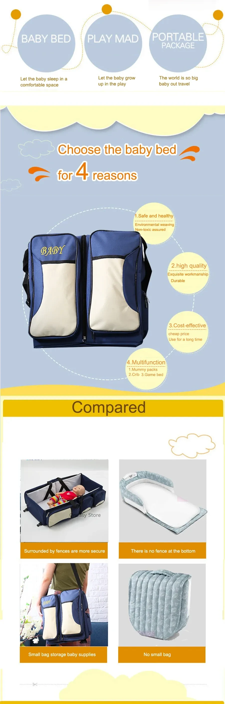 New multi function Mommy bag type baby portable bed folding sleeping basket outdoors baby sleeping baby