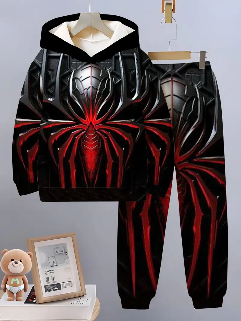 Boys' Casual Spider-Inspired Hoodie and Pants Set - Geometric Polyester Knit Fabric with Slight Stretch, Long Sleeve Pullover Top & Loose Fit Trousers for Outdoor, Running, Party - Spring/Summer Big & Tall Sportswear Outfit