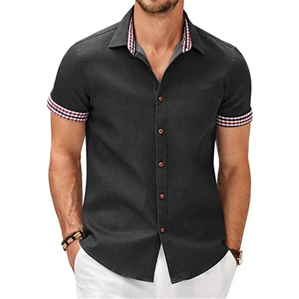 Check Print Stitching Lapel Short Sleeve Shirt