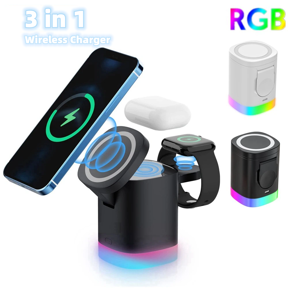 3 In 1 Magnetic Wireless Fast Charger For Smart Phone RGB Ambient Light Charging Station