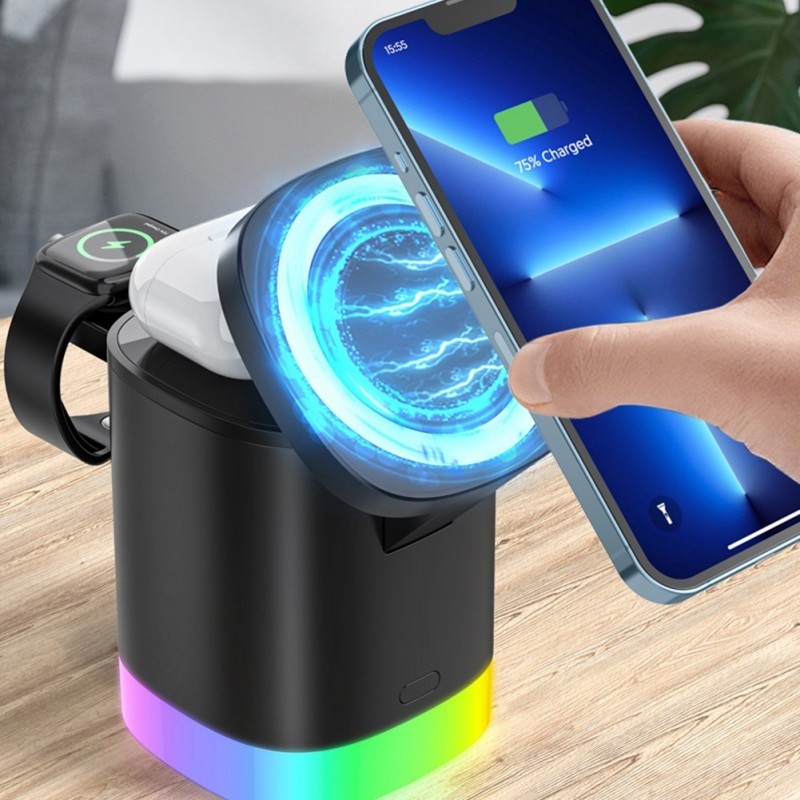 3 In 1 Magnetic Wireless Fast Charger For Smart Phone RGB Ambient Light Charging Station