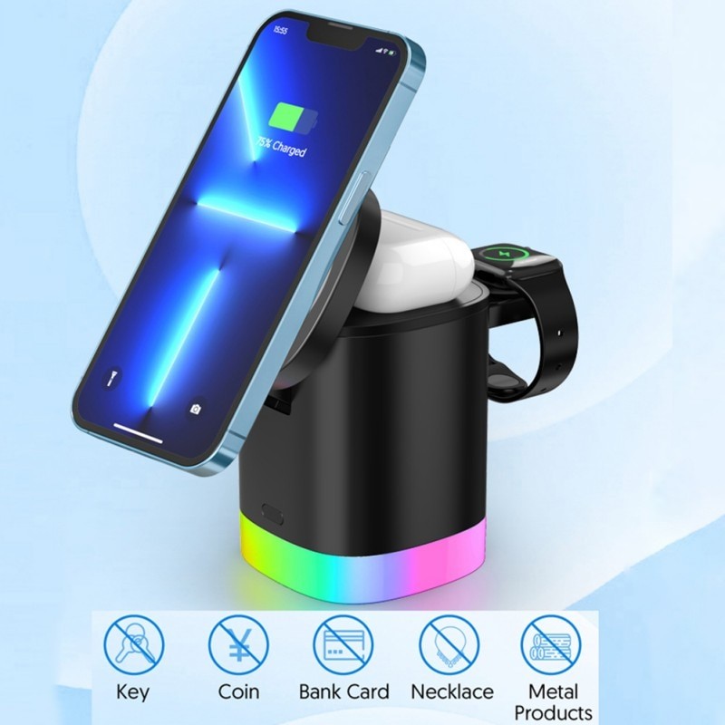 3 In 1 Magnetic Wireless Fast Charger For Smart Phone RGB Ambient Light Charging Station