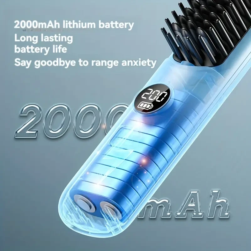 USB Rechargeable Hair Straightening Brush with LED Display, Fast Heating, Anti-Scald, Auto-Off, Thermostatic Control, 2000mAh Lithium Battery for Wet/Dry Use, Portable Ionic Hair Care Comb for Travel & Daily Use, 5 Temperature Settings