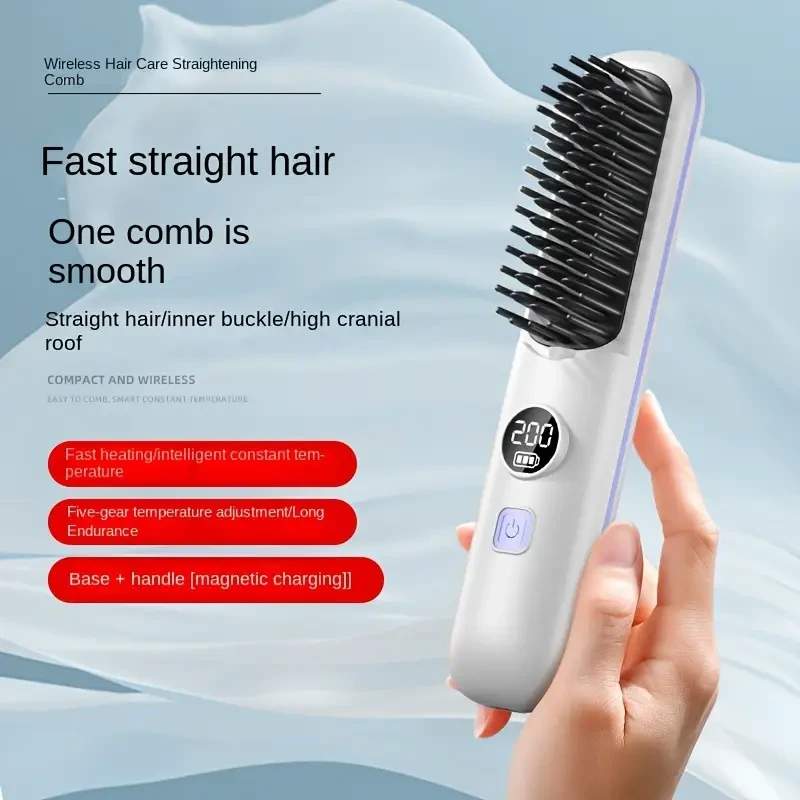 USB Rechargeable Hair Straightening Brush with LED Display, Fast Heating, Anti-Scald, Auto-Off, Thermostatic Control, 2000mAh Lithium Battery for Wet/Dry Use, Portable Ionic Hair Care Comb for Travel & Daily Use, 5 Temperature Settings