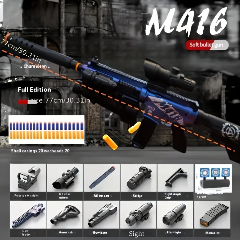 1pc M416 Electric Assault Rifle Toy Gun with Flashlight and Scope, Manual and USB Charging, Includes 20 Shells and Return Target, Durable Plastic and Material, Full Configuration for Kids - Red