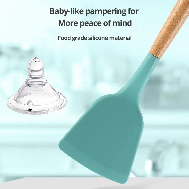 12Pcs Wooden Handle Silicone Kitchen Utensils With Storage Bucket