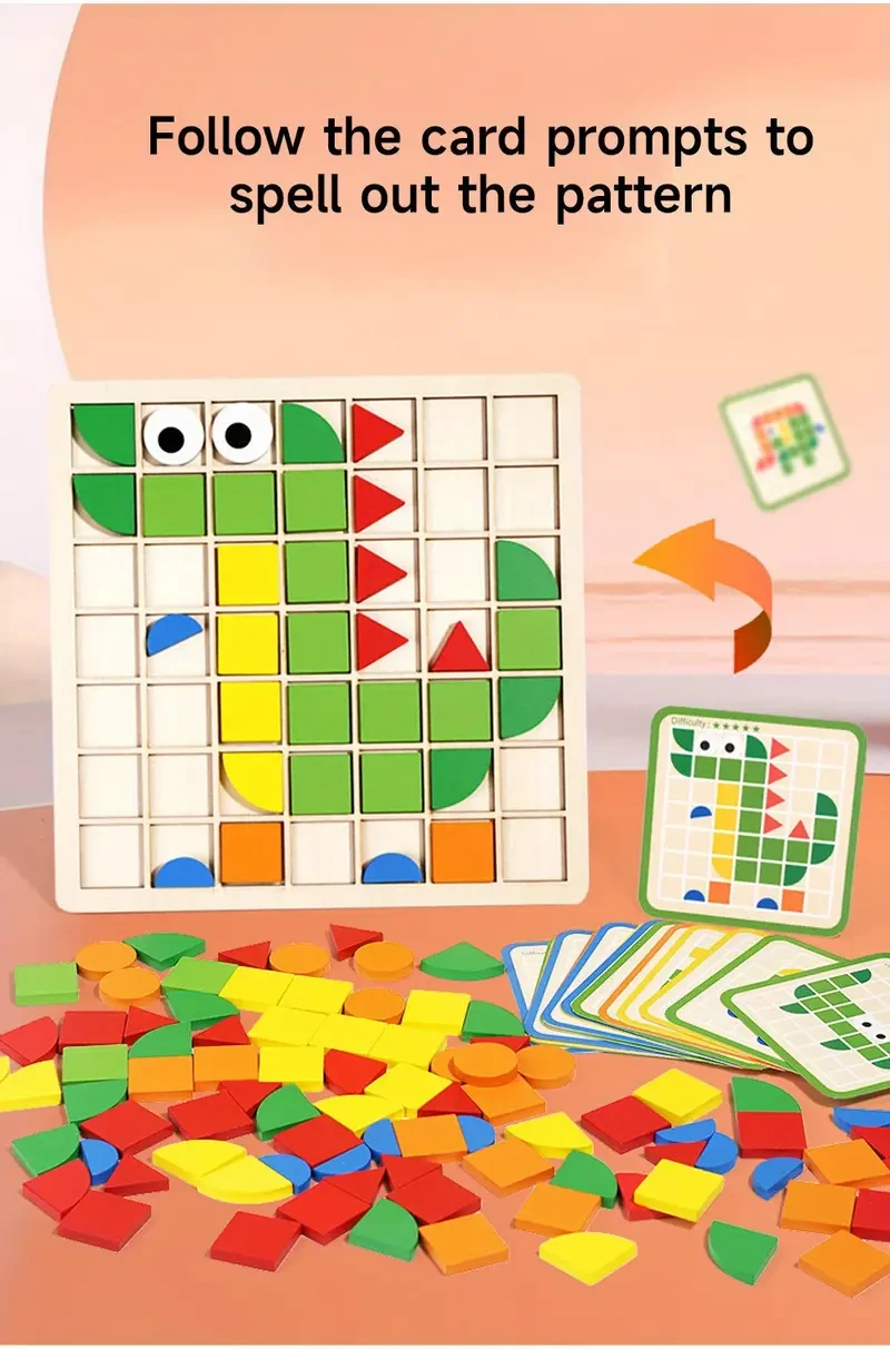 120pcs/set Wooden Mosaic Puzzle Toy, Kids' Wooden 3D Geometric Shape Jigsaw Puzzle Board Set, Early Education Toy Christmas Halloween Gift