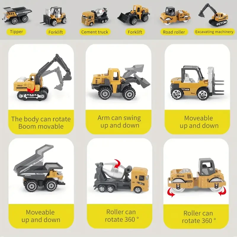 Toiyese 6-Piece Construction Vehicle Playset for Kids, Die-Cast Alloy Metal Toy Trucks, Manual Power Source, Skid Steer Loader, Excavator, Dump Truck Set, Ideal for 3-6 Years Old Boys & Girls, Perfect Birthday & Christmas Gift