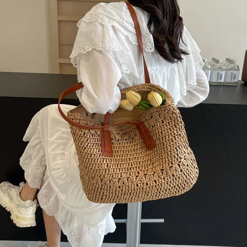 French Straw Woven Bag, Ethnic Style Leisure Solid Color, Large Capacity Tote Bag