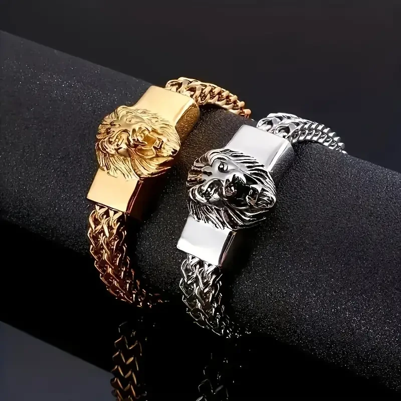 1pc Fashion Stainless Steel Domineering Lion Head Animal Bracelet Men's Trend Hip Hop Punk Rock Jewelry Gift