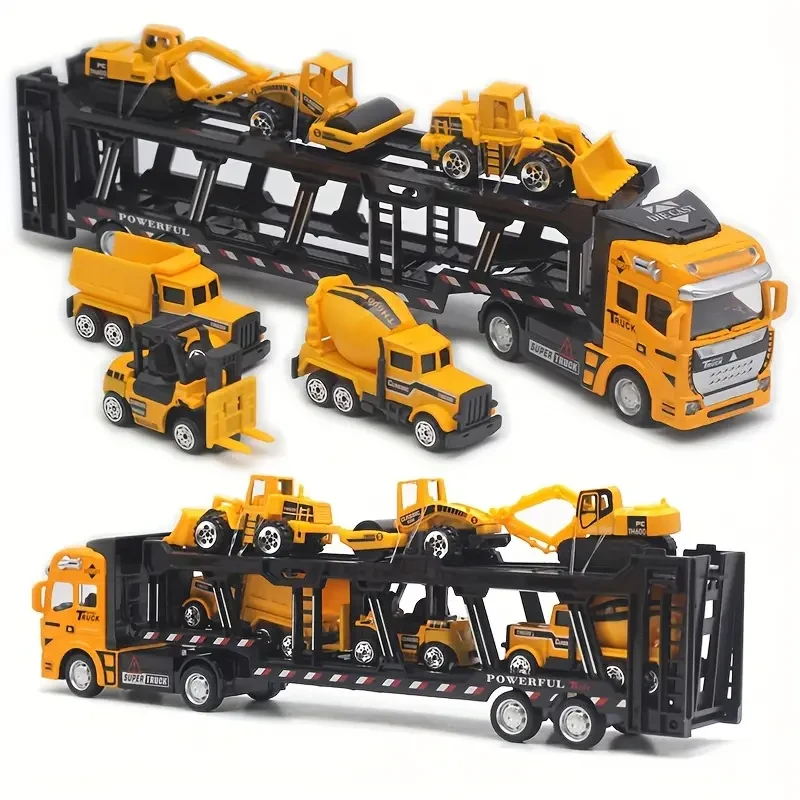 Truck King Die-Cast Toy Set - 32CM Semi-Truck with 6 Mini Construction Vehicles