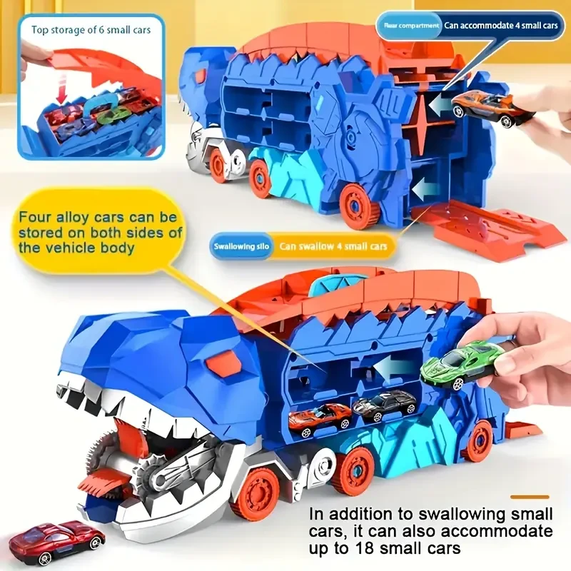 Dinosaur Ultimate Hauler Track Toy, Transport Dinosaur Truck With Foldable Sliding 25-Inch Race Track, Transforms Into Standing T-rex, Best Birthday Gifts Toys, Random Color Halloween Gift