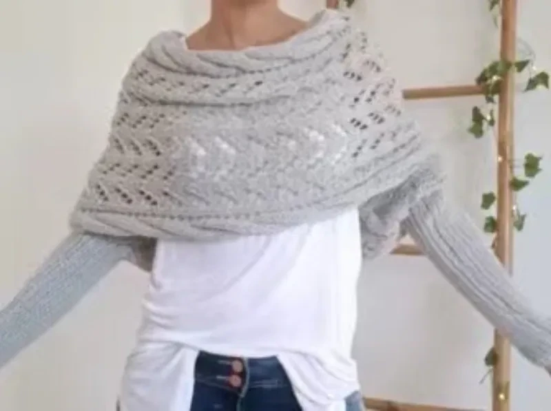 Autumn And Winter Warm Knitted Shawl Women's Hollowed-out Double Sleeve Shawl Collar Fashion Natural For Home And Party