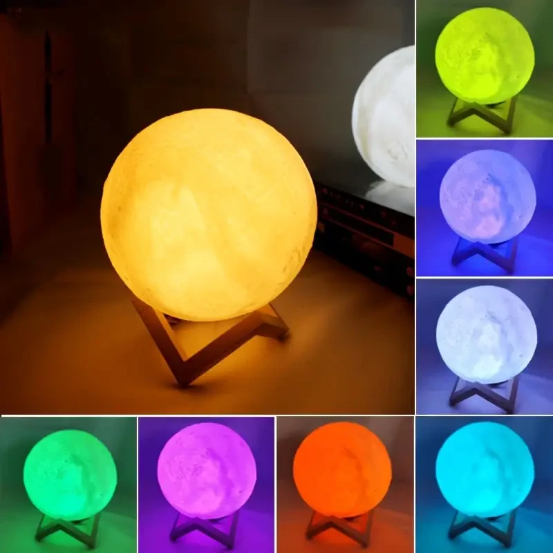3D Printed Moon Lamp with Bracket and Remote Control - USB Plug-in, 16 Colors LED Night Light
