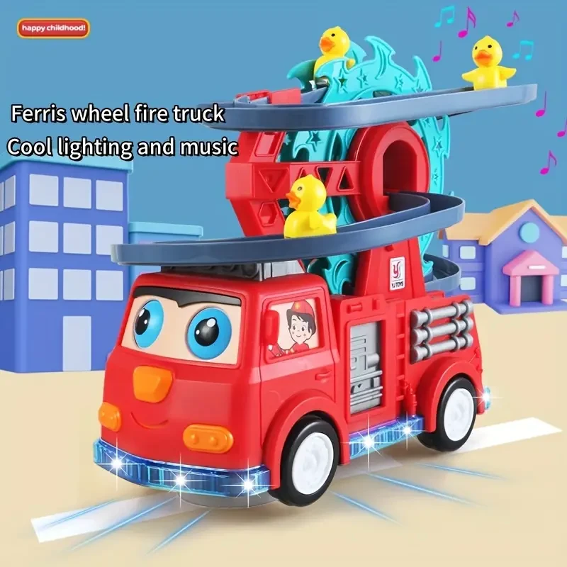 Fire Truck With Lights And Music, Little Duck Slide, Rotating Ferris Wheel, Toy Car, Perfect Gift For Birthdays, Halloween, And Christmas