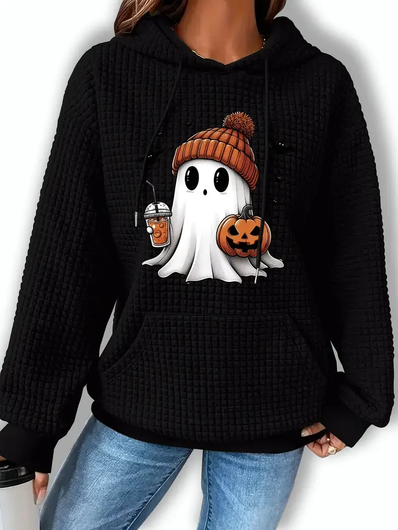 Halloween-Themed Casual Waffle Knit Hoodie