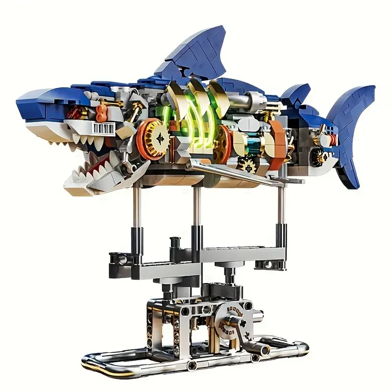 Marine Explorer 687pcs Blue Shark Model Building Kit with Illumination and Display Stand, ABS Material, Multi-Joint Linkage Mechanism, STEM Educational Toy for Sea Enthusiasts
