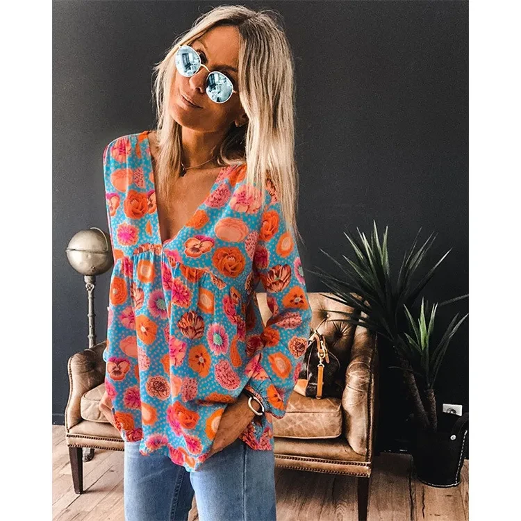 New Style Blouse Women Printing V-Neck Long-Sleeved T-Shirt Women