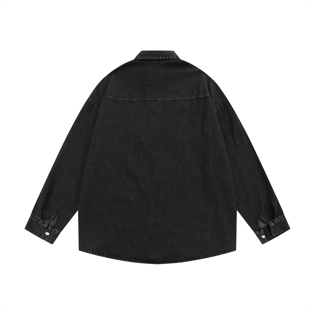 Floral Embroidery Denim Washed Long Sleeve Shirt Coat Loose Casual Polo Collar Top