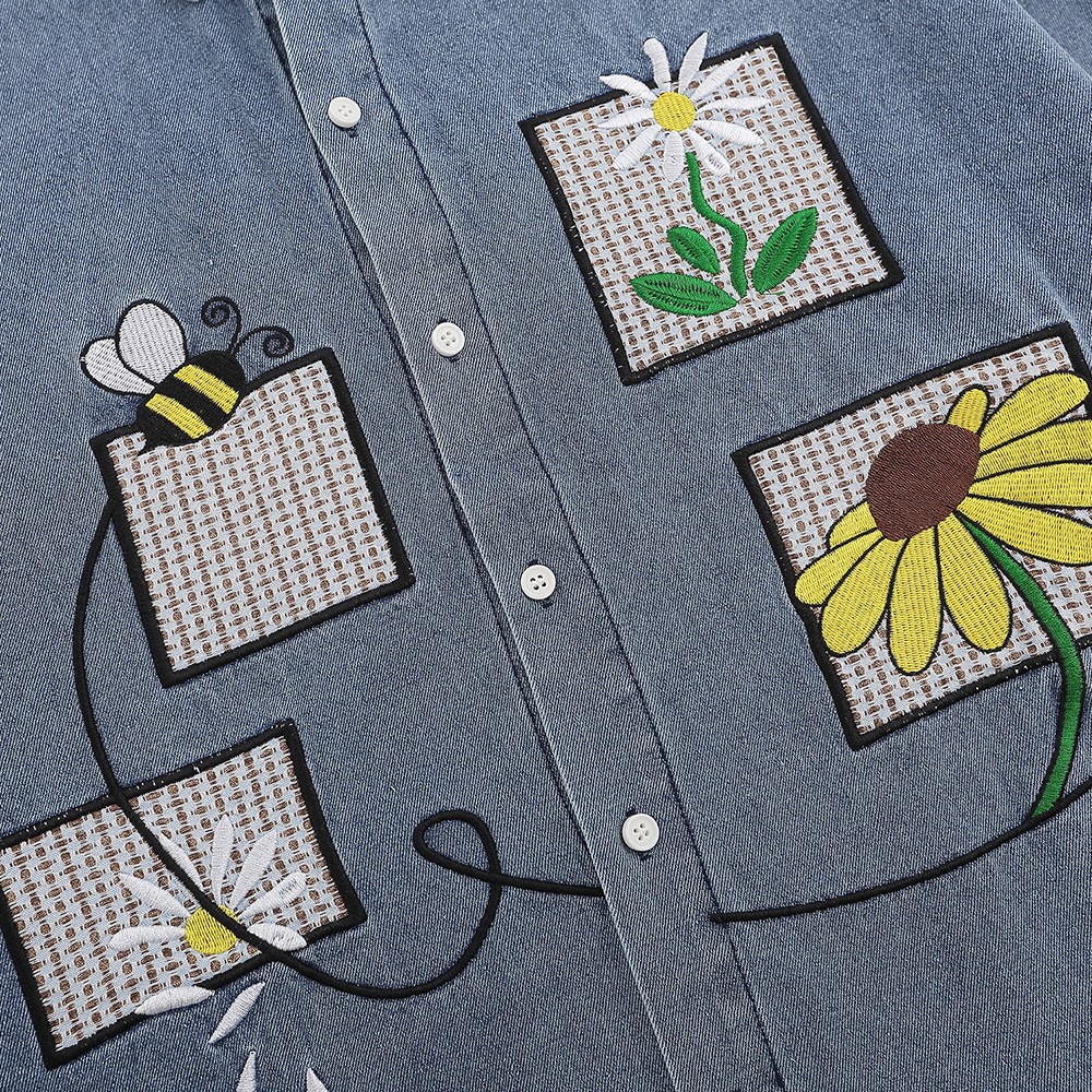 Floral Embroidery Denim Washed Long Sleeve Shirt Coat Loose Casual Polo Collar Top