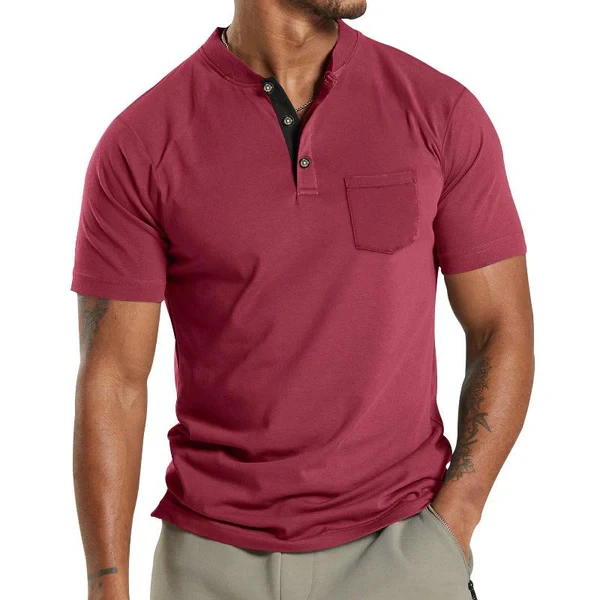 Solid Henley Collar Breast Pocket Short Sleeve T-Shirt