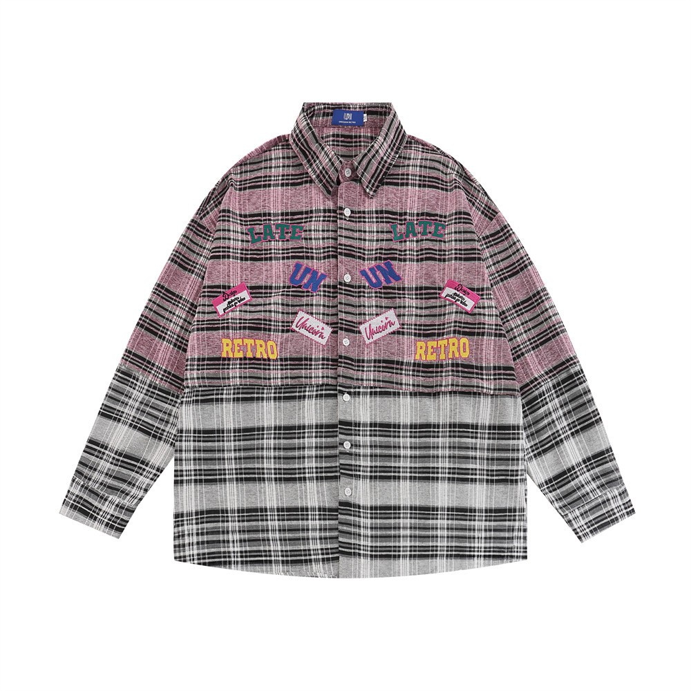 Plaid Coat Women's Spring And Autumn High Street Fashionable Design Stitching Embroidered Letter Long Sleeve Shirt