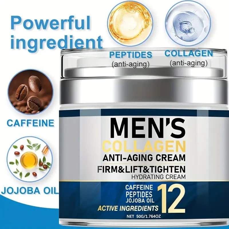 Men's Collagen Anti-Aging Face Cream 1.764oz - Unscented Firming & Tightening Moisturizer with Hyaluronic Acid, Jojoba, Shea Butter, Caffeine, Vitamin E - Hydrates Dry Skin, Lifts & Smoothens - Suitable for All Skin Types, Day & Night Facial Cream