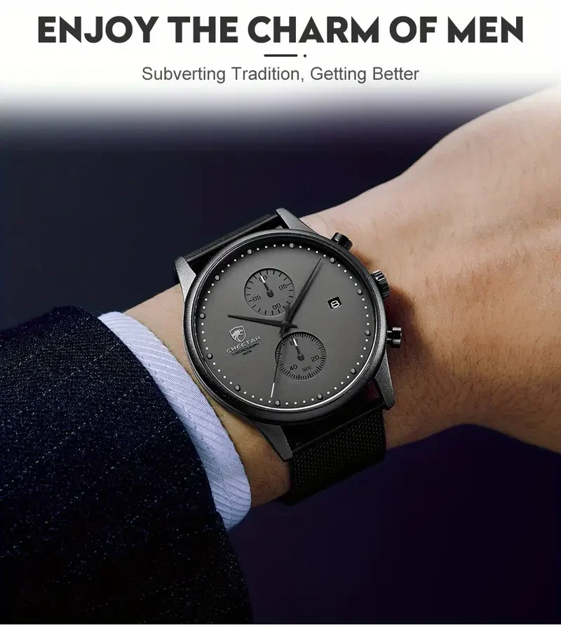 New CHEETAH Brand Fashion Casual Men Watches Chronograph Quartz Stainless Steel Mesh Waterproof Sports Clock with Auto Date